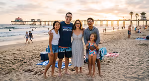 Five individuals, including two kids, are posing for a photo on a beach during sunset, with a pier in the background and people walking on the beach in the distance.