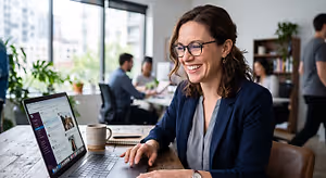 An adult woman in a blue blazer and glasses smiles as she works on her laptop in a modern office setting
