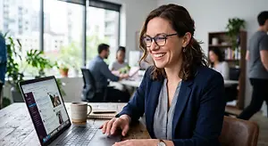 An adult woman in a blue blazer and glasses smiles as she works on her laptop in a modern office setting