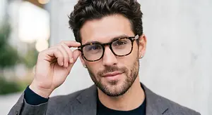 A man wearing a suit, glasses, and smiling while holding his glasses