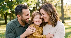 A family of three, a man, a woman, and a young girl, are posing for a photograph in a park, all smiling and looking happy.