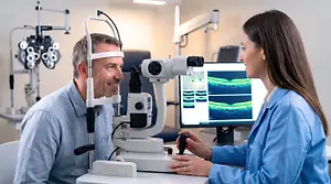 A man having his eyes examined by a woman in an optical room