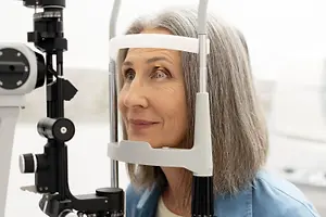 Old woman undergoing an eye exam at an optometrist's office