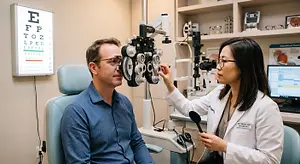 An optometrist is examining a male patient's eyes using an ophthalmoscope, while the patient sits on a chair and the doctor stands in front of a monitor with shelves of eye charts and glasses in the background.