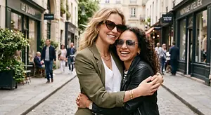 Two women in sunglasses are hugging and smiling in the middle of a city street with shops and people walking around.