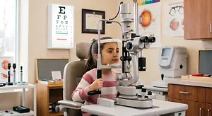 Optometrist examining a young girl’s eyes with a slit lamp in an eye clinic