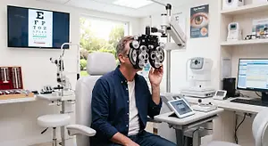 Optometrist examining a seated patient through a phoropter in an eye exam room