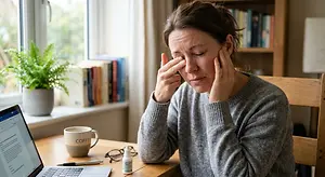 Woman rubbing her eyes while sitting at a desk at home