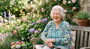 Smiling elderly woman seated on a garden bench surrounded by flowers