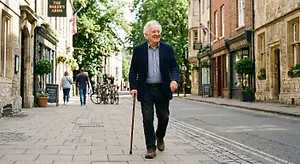 Older man walking along a town sidewalk with a cane