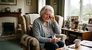 Older woman rubbing her irritated eye while seated in a living room