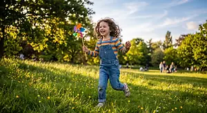 Smiling child running through a sunny meadow while holding a colorful pinwheel
