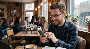 Man wearing glasses using a smartphone in a café