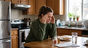 Woman holding her temples at a kitchen table with a glass of water and medicine bottle