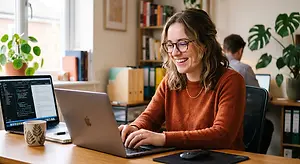 Smiling woman wearing glasses working on a laptop at a desk