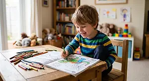 Smiling boy coloring in a workbook at a table surrounded by colored pencils