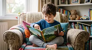 Young boy reading a picture book while sitting in a cozy armchair