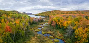 Aerial view of a river flowing through a dense forest with vibrant autumn foliage, including red, yellow, and orange leaves, under a cloudy sky.