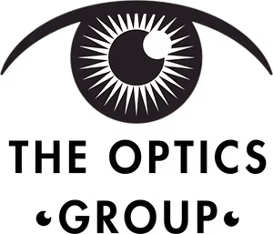 The Optics Group logo features a stylized eye with a sunburst effect in black and white