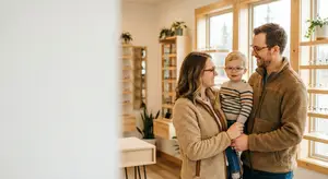 Family of three inside a store standing next to each other looking at each other