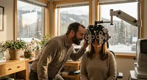 A man is adjusting a machine on a woman's head while she sits in a chair in an office.