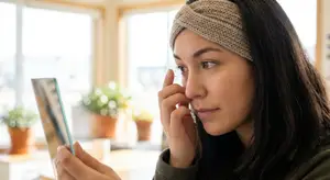 A woman wearing a headband is looking at her eye in a mirror in a room with potted plants and windows.