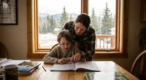 A woman helps a young boy with his homework at a table