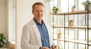 A man in a white coat holding a pair of glasses in a room with shelves of plants and glasses.