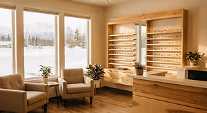 A view of an eyeglass store with a view of snowy mountains outside
