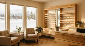 A view of an eyeglass store with a view of snowy mountains outside