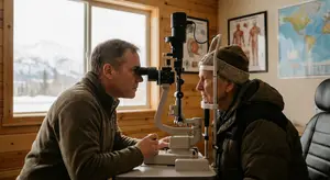 Two men, one younger and one older, examine the eyes of the older man using a phoropter.