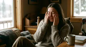 A woman sitting on a couch covering her eyes with her hands
