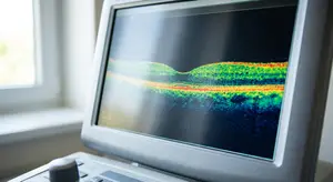 A computer monitor displaying a medical scan with colorful layers, possibly from an OCT scan in a healthcare setting.