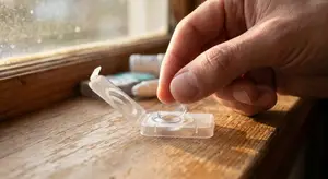 A person's hand is shown holding a clear contact lens in a transparent case, with a window and other items in the background.