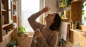 A woman standing in a bathroom applying eye drops