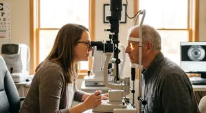 A woman optometrist examines an elderly patient's eyes using a slit lamp.