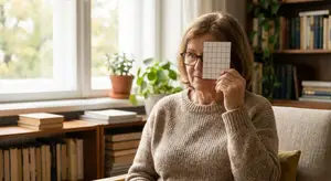 Elderly woman holding up a gridded paper to her face while sitting on a couch in a living room