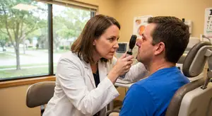A doctor wearing a lab coat is examining a male patient's eye using an ophthalmoscope