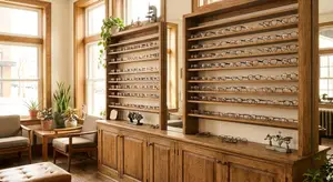 Close up of wooden display case full of glasses and other items in a small office