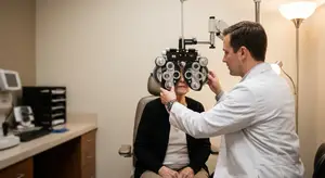 An older woman having her eyes examined by an optometrist