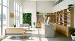 A modern and minimalist interior design of an optic shop with a wooden desk, a couch, and a large window. The shop is named Luna Optics, and it has a wooden display cabinet with glasses, a potted plant, and a wooden counter with a monitor on top. The shop has a bright and airy atmosphere with a white wall and ceiling with lights. The large window allows natural light to enter the shop.