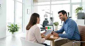 A man and a woman are sitting on chairs at a desk with a computer in an office.