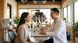 A smiling female patient undergoing an eye exam with a male optometrist in a modern exam room.