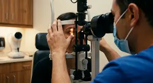 An eye doctor examining a woman's eye with a slit lamp.