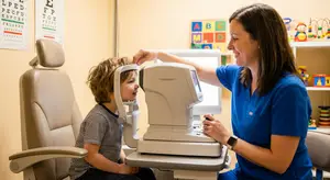A child getting their eyes examined by an optometrist in a blue shirt