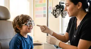 A woman is examining a child's vision in an optometrist's office.
