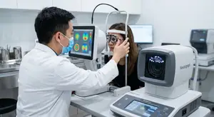 An adult man wearing a lab coat and a mask is adjusting a woman's eye glasses