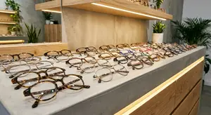 A display of multiple pairs of glasses are arranged on a white counter top in a store