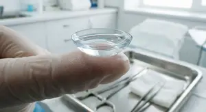 A hand holding a lense with surgical tools in the background