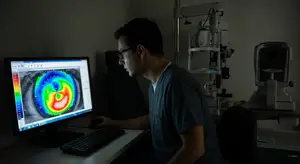A man sitting at a computer looking at an eye chart